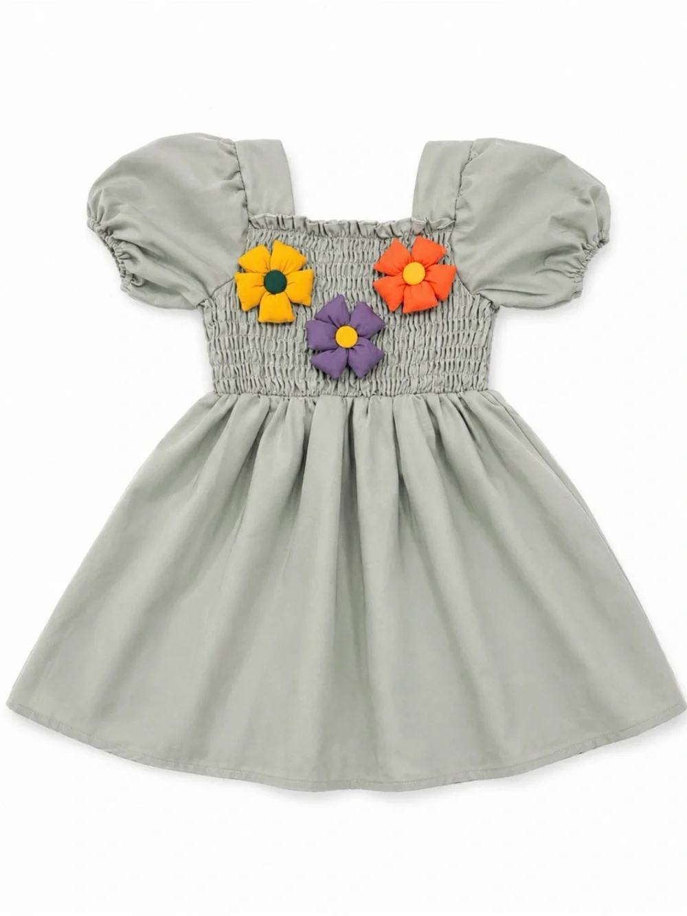 Kids Puff Sleeve Green Dress with Flower Appliqués